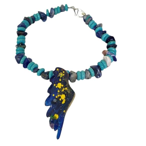 Copper Wire Lapis Turquoise Gold Cobalt Blue Resin Wing Bracelet - Picture 1 of 3